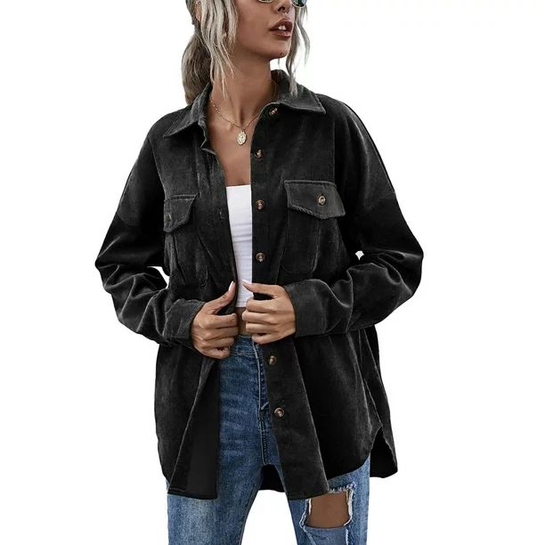 Musuos Women Juniors Shacket Corduroy Shirt Jacket, Solid Color Lapel Outerwear with Pockets - Wa... | Walmart (US)