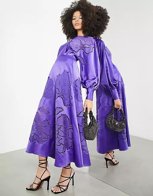 ASOS EDITION cutwork long sleeve satin midi dress in purple | ASOS (Global)