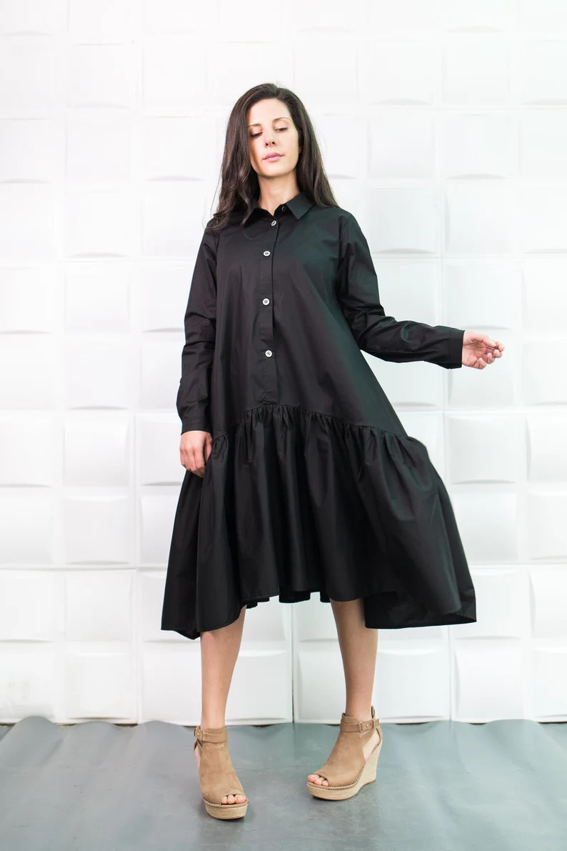 Plus Size Dress, Black Dress, Shirt Dress, Oversize Dress, Flare Dress, Midi Dress, Black Loose D... | Etsy (US)