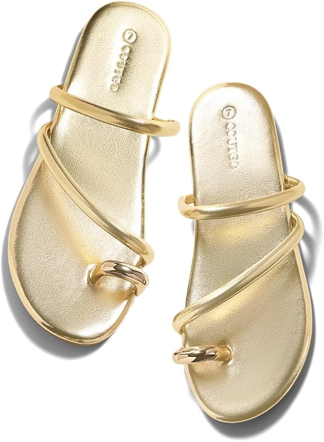 Coutgo Womens Strappy Flat Sandals Square Open Toe Flip Flops Slides Toe Ring Summer Dress Shoes | Amazon (US)