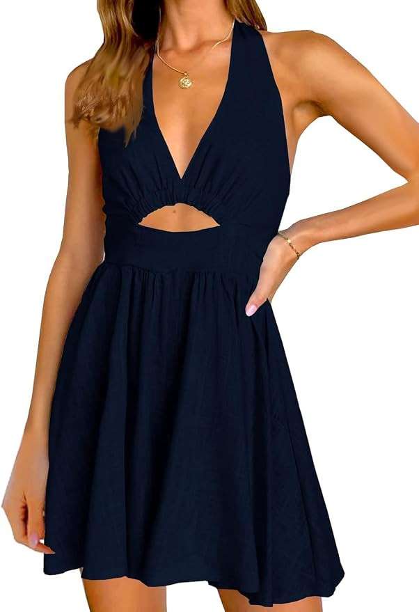 Womens Summer Sleeveless Halter V Neck Backless Cut Out Sexy Casual Party Swing Flared Mini Dress | Amazon (US)