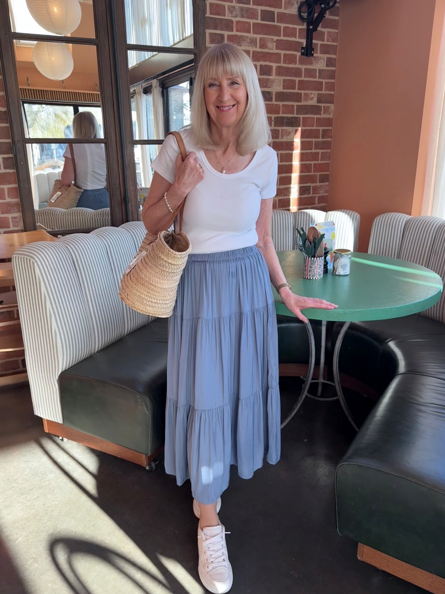Spring outfit 2026 
Petrol blue layered skirt with a classic white t shirt and basket bag 

#LTKmidsize #LTKuk #LTKspring