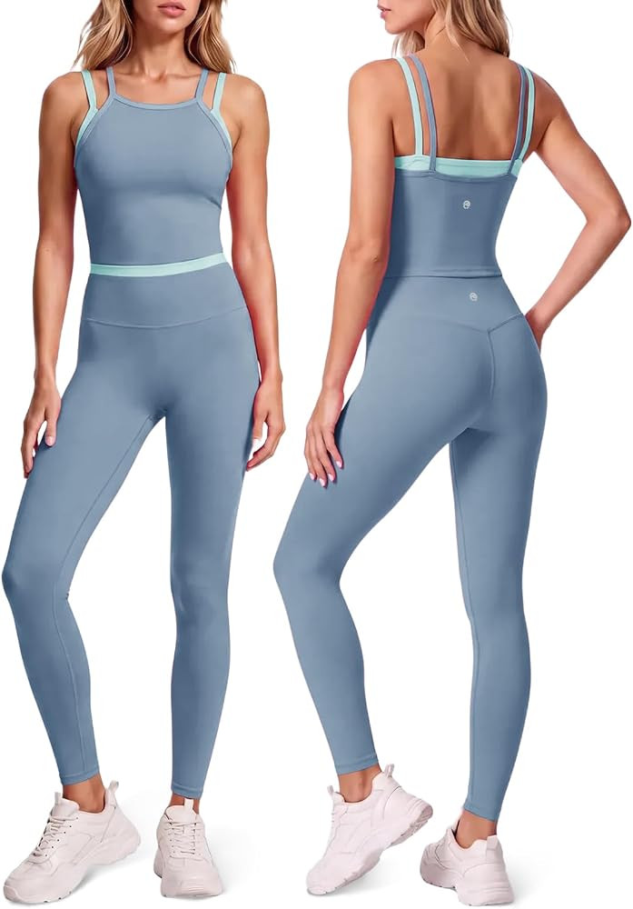 Aoysky Womens 2 Piece Workout Sets Padded Tank Top High Waist Leggings Set | Amazon (US)