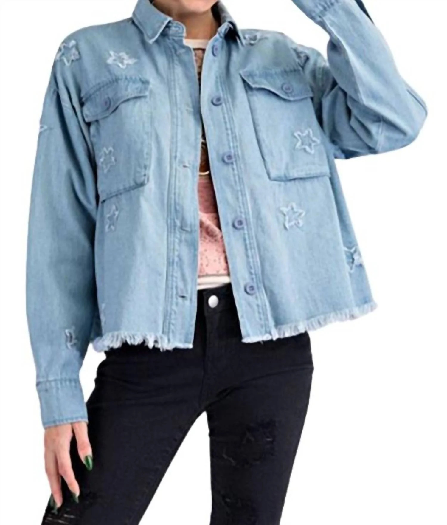 Washed Denim Star Patch Jacket In Light Blue | Shop Simon