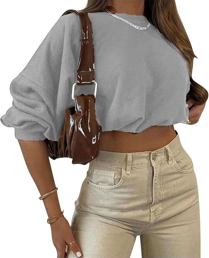 Women Cropped Pullover Sweater Long Sleeve Loose Sweatshirt Crewneck Cropped Hoodie Top | Amazon (US)