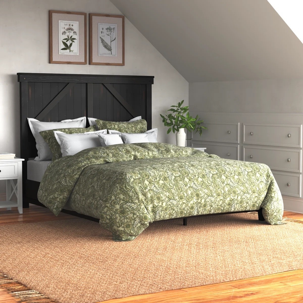 This Baguenadier panel bed by Lark Manor is such a beautiful statement for a cozy, farmhouse-inspired bedroom. The dark wood finish and cross panel headboard add that classic rustic charm, while the layered green bedding and neutral rug keep it feeling soft and inviting. Styled with nightstands, botanical wall art, and simple decor for a warm, lived-in look. 