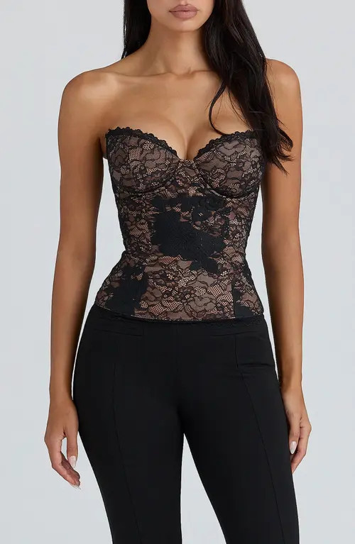 HOUSE OF CB Yara Strapless Lace Corset Top in Black at Nordstrom, Size X-Large A | Nordstrom