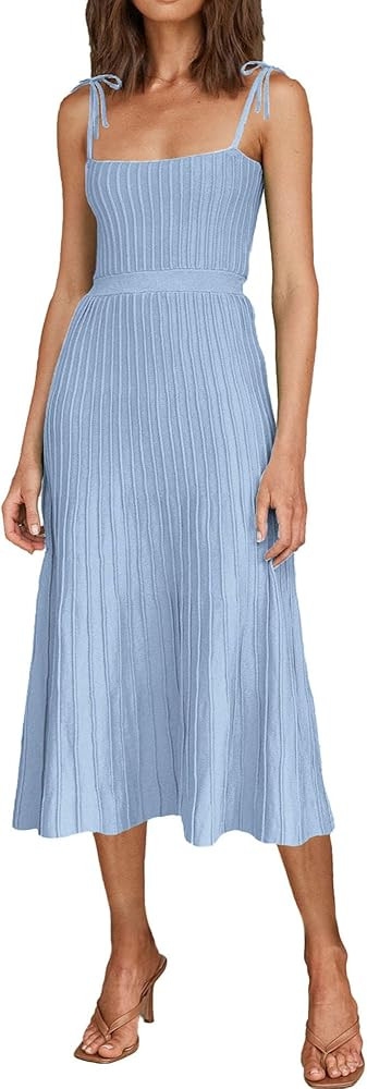 ARTFREE Womens Ribbed Knit Summer Maxi Dresses Tie Straps Square Neck Party Long Dress | Amazon (US)