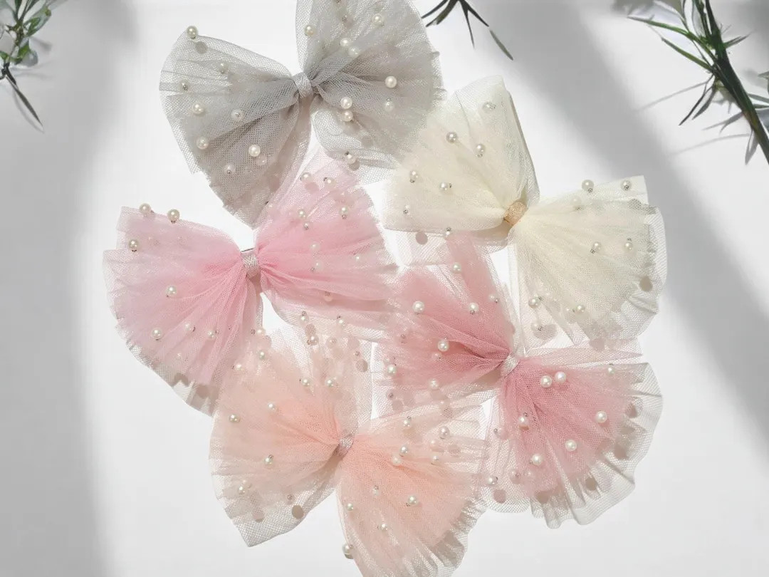 Large Pearl Bow –  Tulle Hair Clip or Headband for Flower Girls, Baptism, Toddler Gift | Etsy (US)