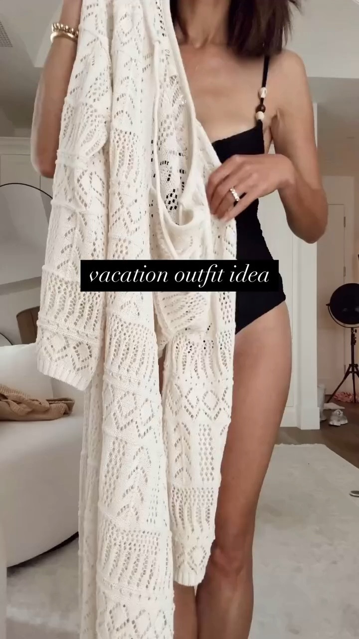 Vacation outfit idea! This coverup was love at sight that I had to get it in black 🙌🏼❤️ I’m just shy of 5-7” wearing the size  small. My bags are sold out but linking a couple different options below xx 

#LTKSeasonal #LTKTravel #LTKootd
