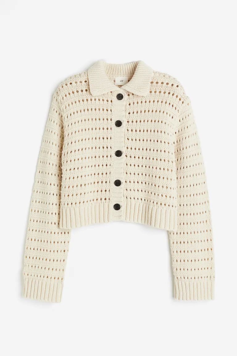 Hole-knit Cardigan with Collar - Light beige - Ladies | H&M US | H&M (US + CA)