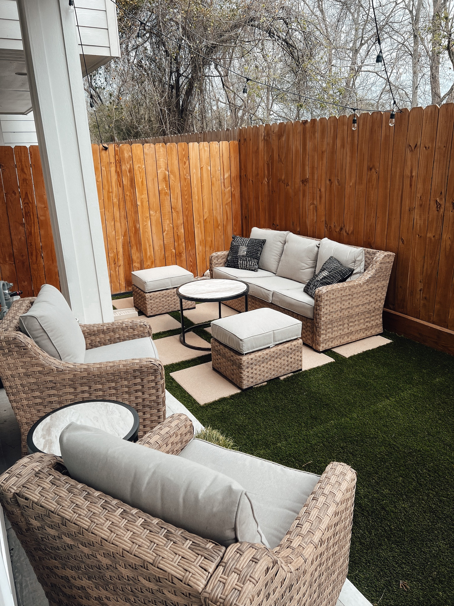 Patio furniture, river oaks patio set, small patio furniture, conversation set, neutral backyard furniture, swivel chairs for backyard, outdoor coffee table, pavers