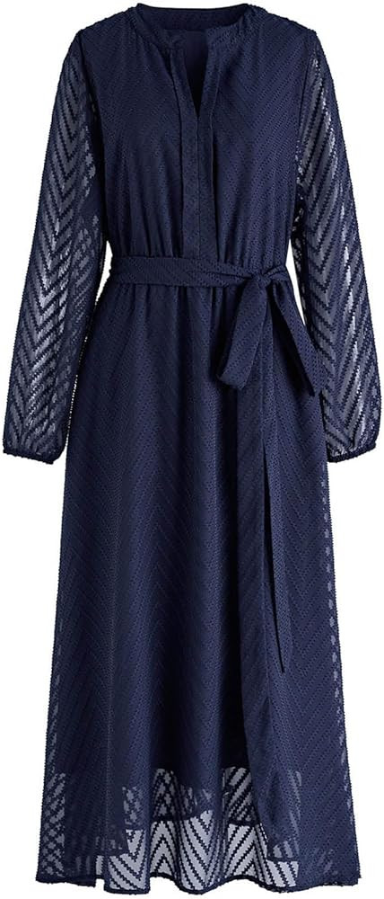 CHICWISH Women's Navy/Cream/Apricot 2023 Casual Dress Zigzag Flock Dot Fall Dresses Tie Waist Max... | Amazon (US)