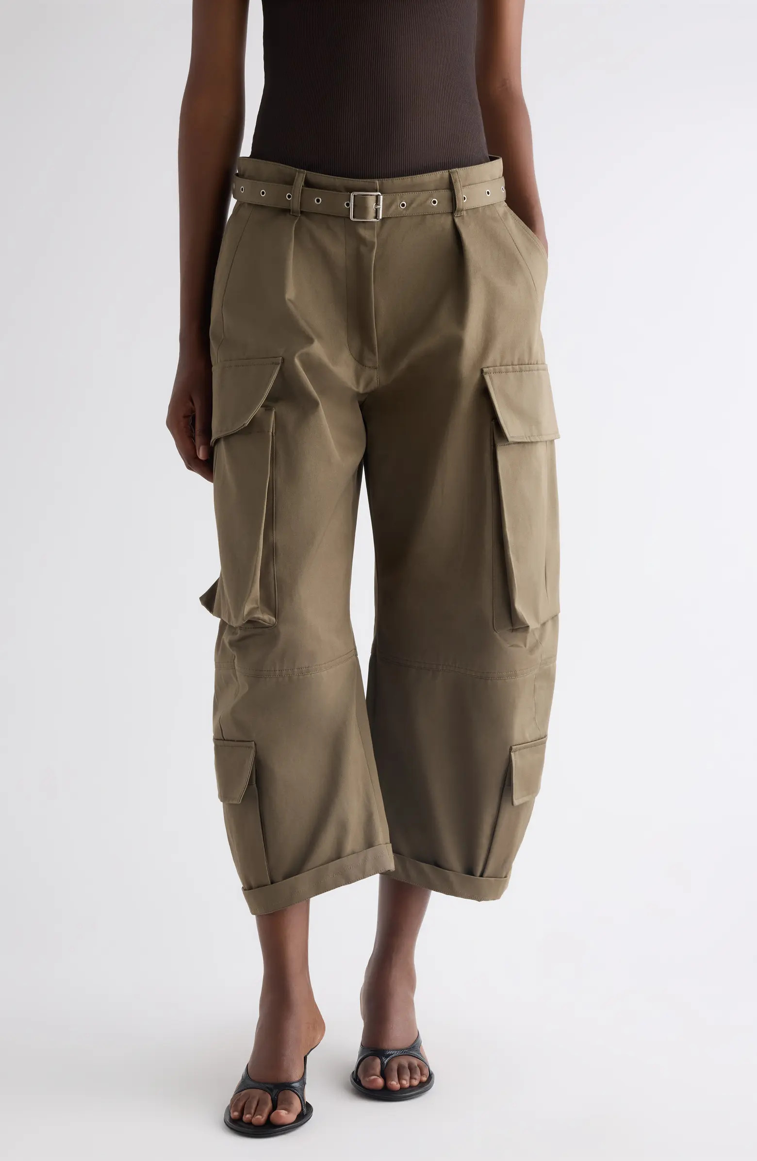 Belted Cotton Twill Barrel Leg Cargo Trousers | Nordstrom
