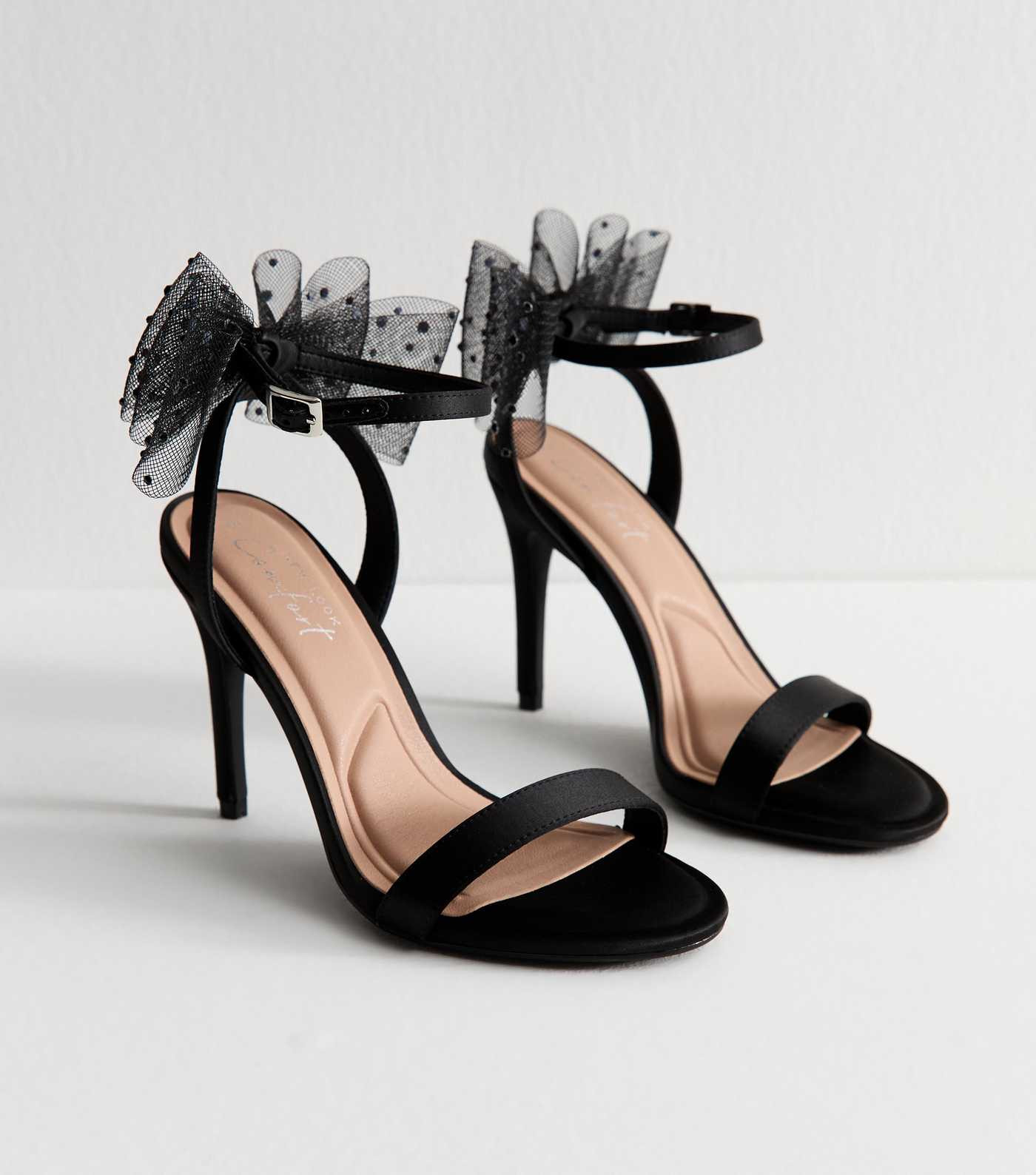 Black Satin Embellished Mesh Bow Sandals | New Look | New Look (UK)
