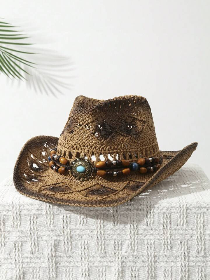 1Pcs Unisex Bead Decor Dyeing Wide Brim Printed Cowgirl Hat Summer Travel Shade Cowboy Hat Hollow... | SHEIN