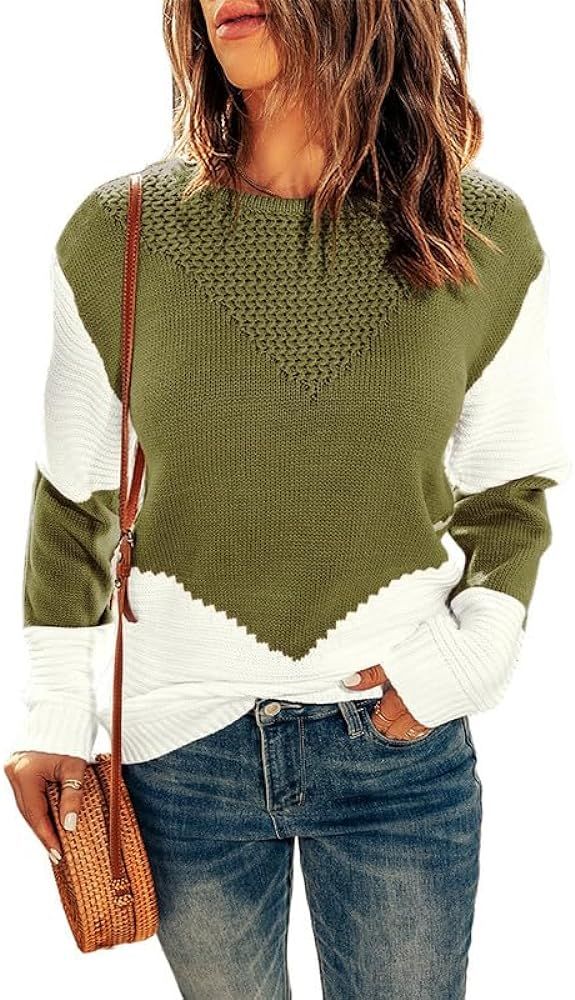 Dokotoo Womens Crochet Crewneck Long Sleeve Pullovers Color Block Tunic Ribbed Sweaters Jumper To... | Amazon (US)