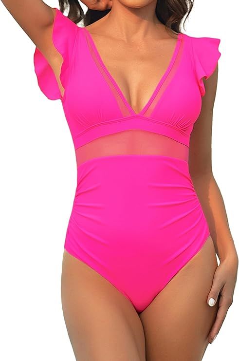 One Piece Swimsuit for Women Tummy Control Bathing Suit Sexy Mesh V Neck Slimming Swimwear 2024 | Amazon (US)
