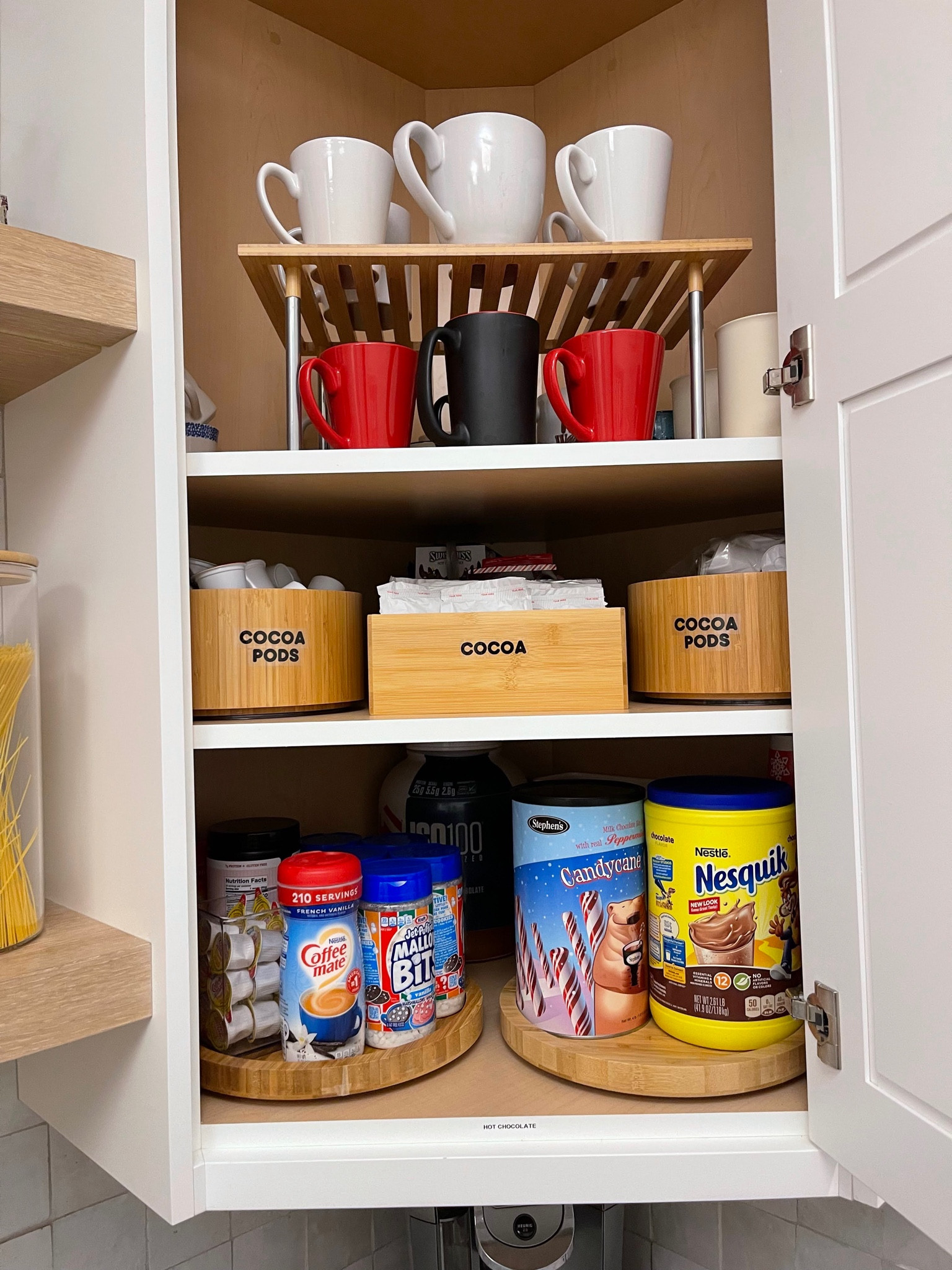 A corner drink station ☕️ These bins make sure items don’t get lost in the back, but everything is still accessible! 

#home #kitchen #organize

#LTKhome