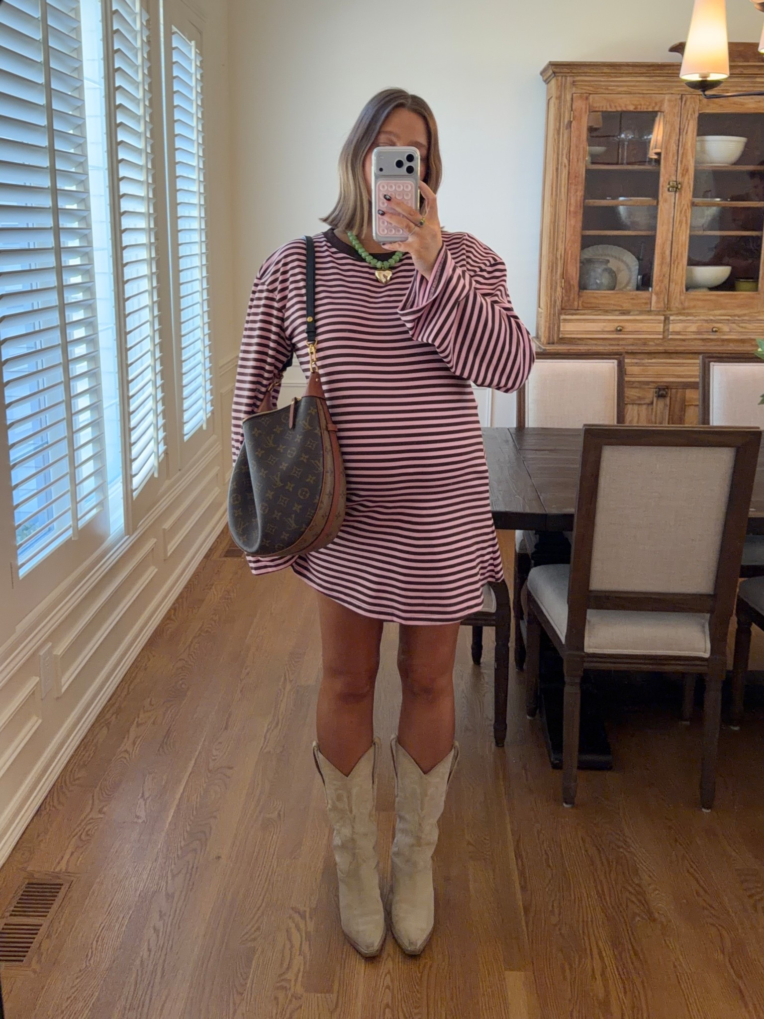 Dress size 10 I’m 5’ 5” and it’s such a perfect length!! If I wasn’t pregnant I would do an 8. Stick with true size. Boots true to size probably my most worn cowboy boots ever!! Amazon necklace for a pop of color 

#pregnancystyle #bumpstyle #stripeddress

#LTKmomlife #LTKBump