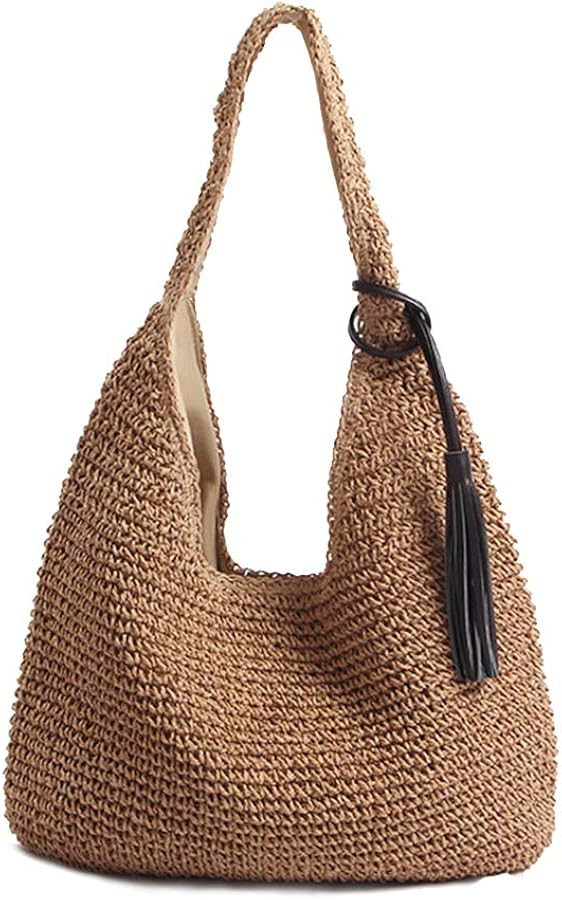 Hand-woven Soft Large Straw Shoulder Bag with Black Tassels Boho Straw Handle Tote Retro Summer B... | Amazon (US)