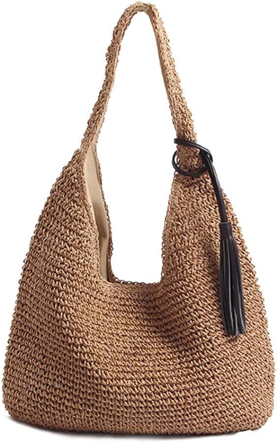 Hand-woven Soft Large Straw Shoulder Bag with Black Tassels Boho Straw Handle Tote Retro Summer B... | Amazon (US)