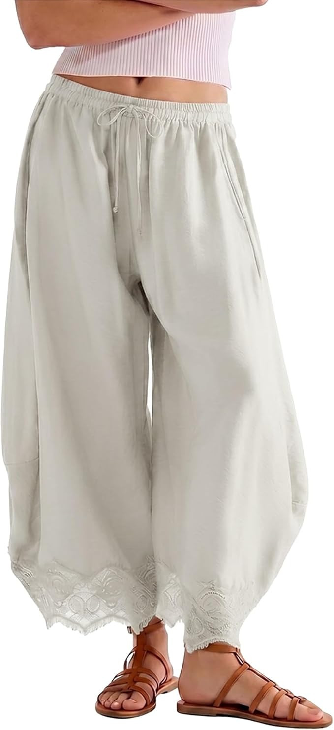 SeeLuNa Comfy Women's Pants Cropped Lace Hem Pants Summer Boho Drawstring High Rise Wide Leg Loun... | Amazon (US)