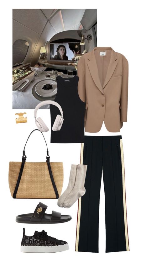 Brown blazer, tank top, wide leg trousers with stripe, black sandals, socks, trainers, woven bag, headphones, gold hair clip

#LTKstyletip #LTKeurope #LTKSeasonal