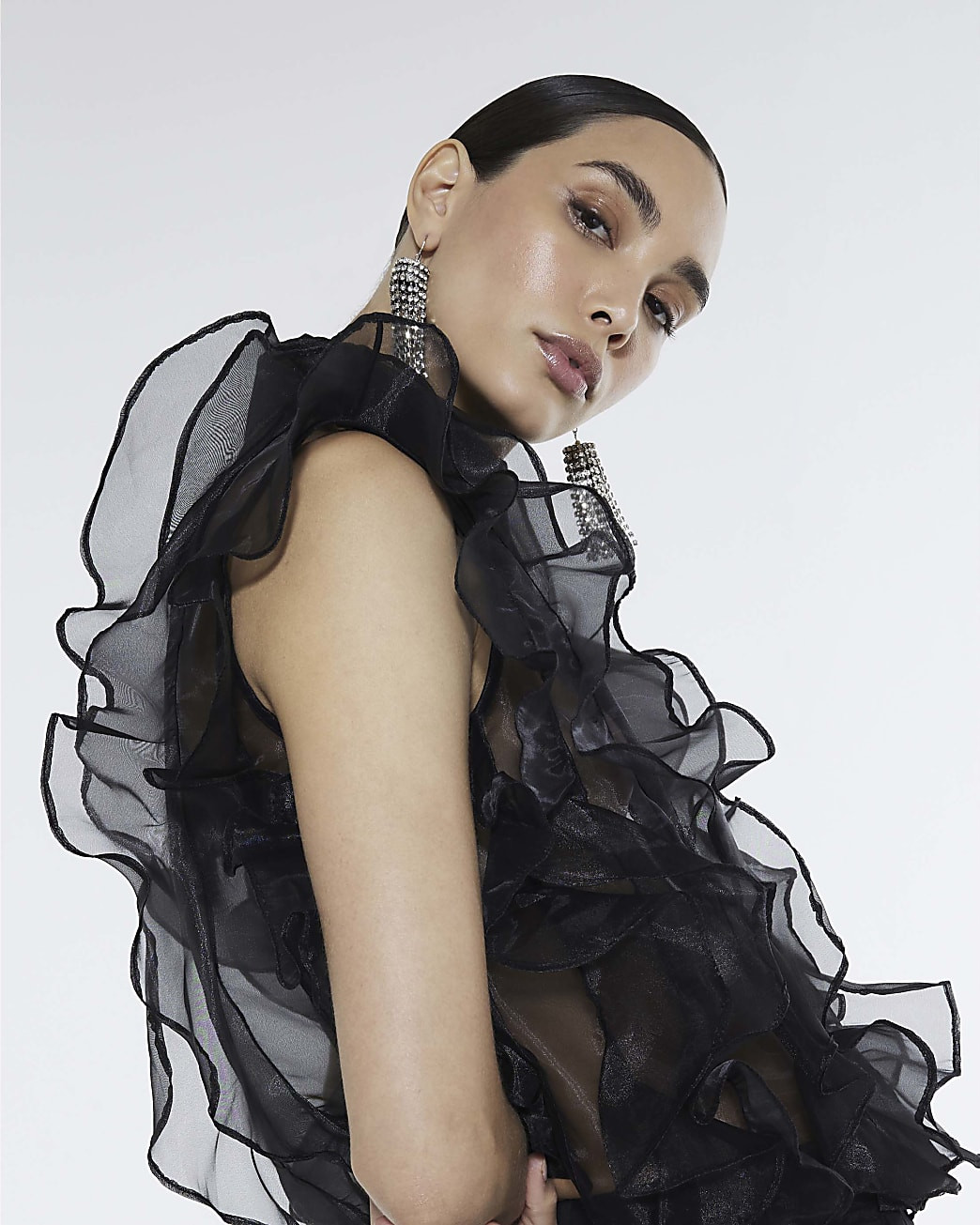 Black Sheer Ruffle Blouse | River Island UK & IE