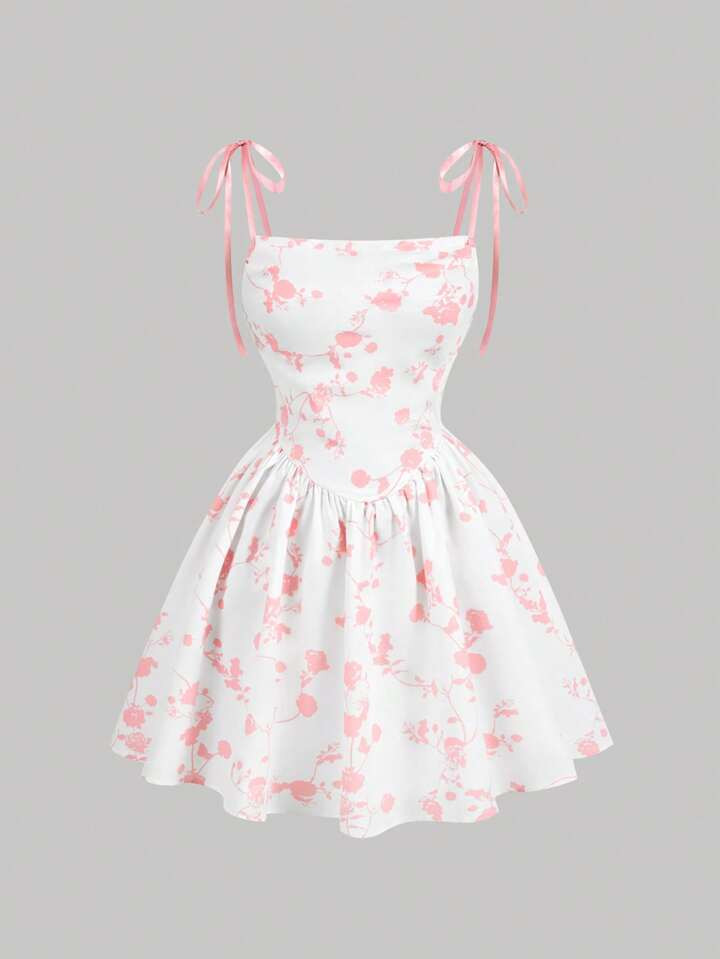 SHEIN MOD Bridgerton Style Light Pink&White Floral Printed Strappy Dress With V-Neckline, Waist T... | SHEIN