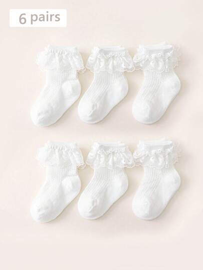 6 Pairs/Pack New Arrival White Lace Ankle Socks, Breathable And Soft With Mesh Pattern, Fashionable And Suitable For All Seasons, Ideal For Toddlers, Girls And Ballet Dancers | SHEIN