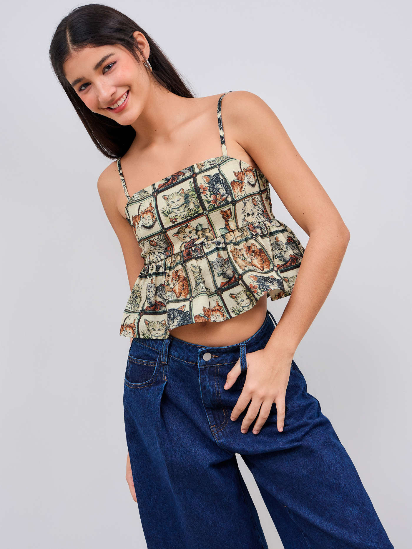 Square Neck Kitty Check Ruffle Crop Cami Top... | Cider