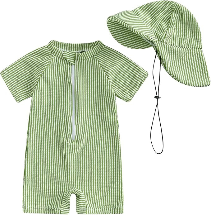 Toddler Baby Boys Seersucker Short Sleeve One Piece Rash Guard Swimsuit Zipper Bathing Suit Swimw... | Amazon (US)