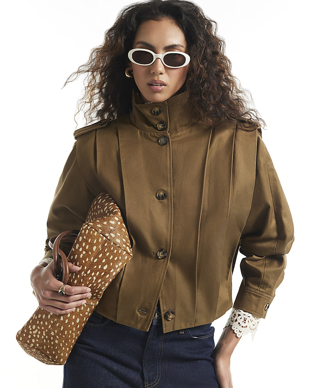 Khaki Pleat Detail Crop Jacket | River Island UK & IE