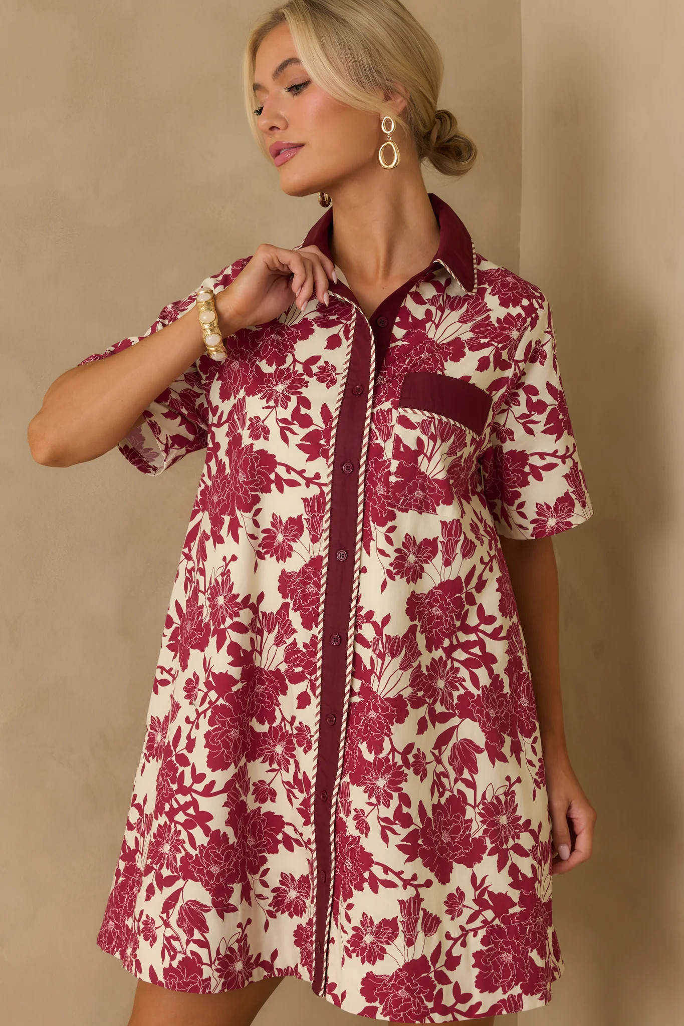 Right Where I Belong Burgundy Multi Floral Print Mini Shirt Dress | Red Dress