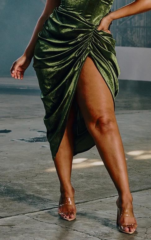 Plus Khaki Velvet Ruched Side Midi Skirt | PrettyLittleThing US