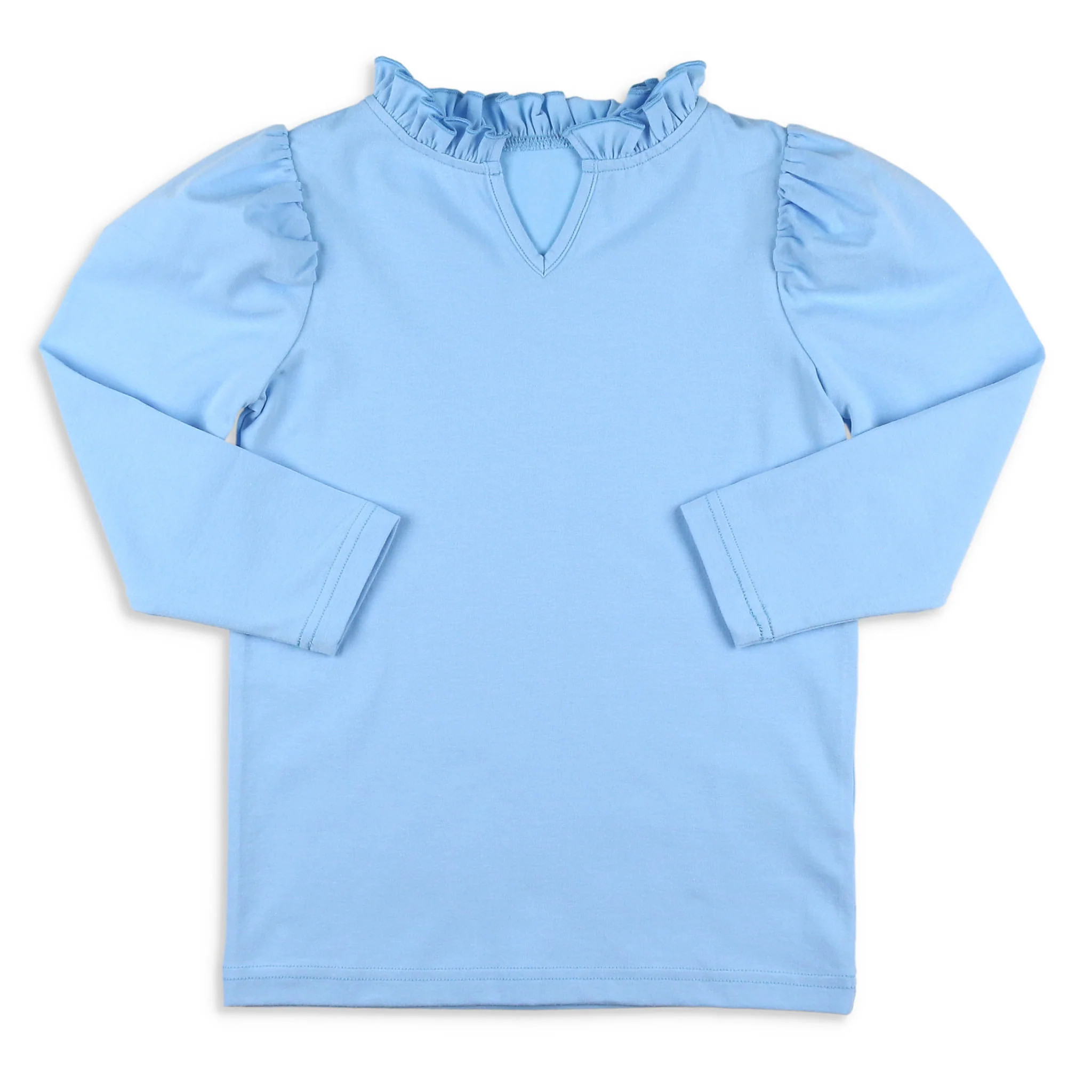 Girls Ruffle Neck Top - Blue Lagoon - Shrimp and Grits Kids | Shrimp and Grits Kids