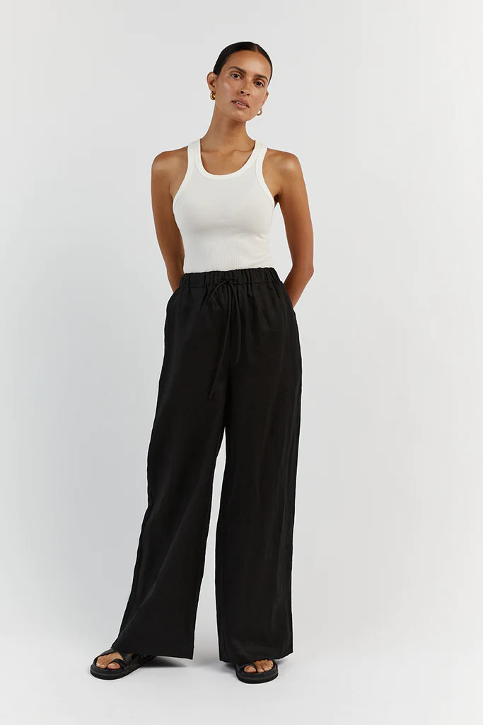 GINA BLACK LINEN ELASTIC WAIST PANT | DISSH