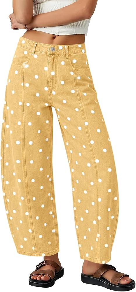 Tankaneo Womens Polka Dot Barrel Jeans High Waisted Wide Leg Denim Pants | Amazon (US)