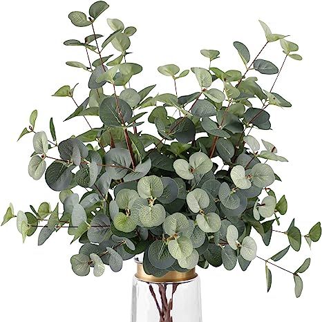 FUNARTY 6 Pcs Artificial Eucalyptus Leaves Long Stems 25" Tall with 80 Leaves Fake Silver Dollar ... | Amazon (US)