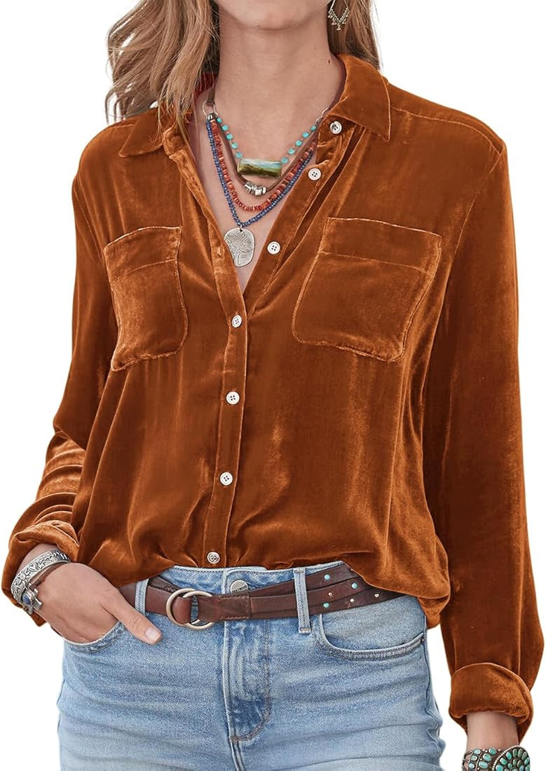 R.Vivimos Womens Winter Velvet Long Sleeve Button Down Casual Tops Shirts | Amazon (US)