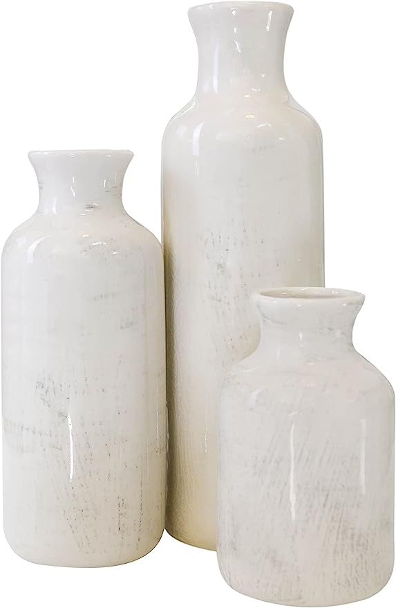 Ceramic Vase Set of Three, Modern Farmhouse Decor with Distressed White/Grey Finish | Amazon (US)
