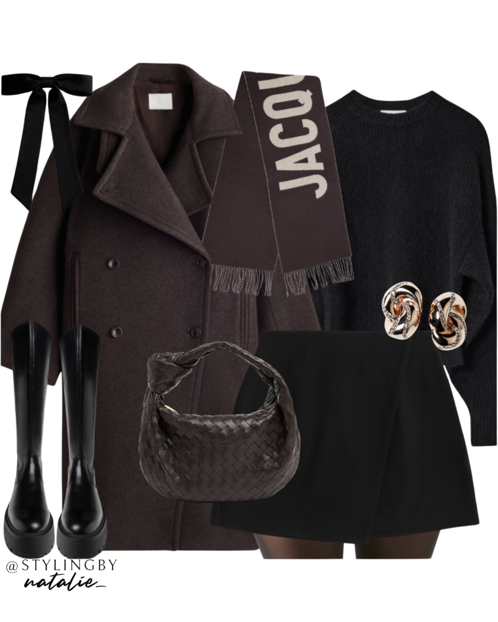 Brown wool coat, wrap skort, tights, jacquemus scarf, knit jumper, knee high chunky boots, hair bow and woven bag, shell shape earrings. 
🏷️Winter outfit, mini skirt, brown outfit, knitwear, Christmas market outfit.

#LTKstyletip #LTKwinter #LTKuk