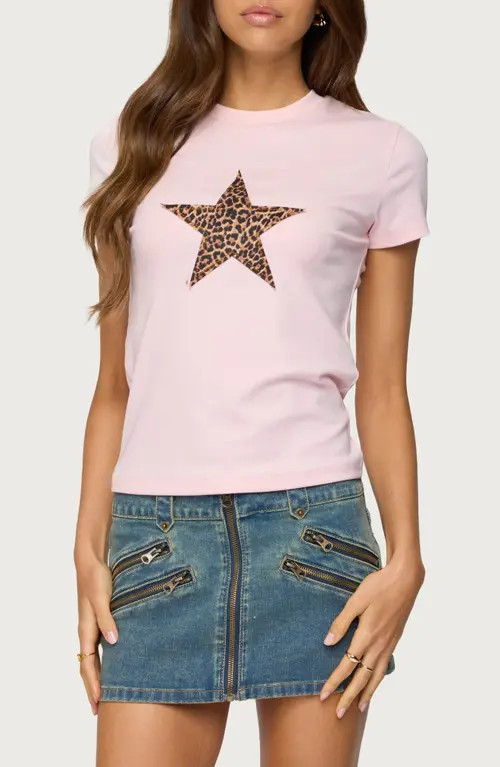 EDIKTED Narla Leopard Print Star Appliqué T-Shirt in Light-Pink at Nordstrom, Size Small | Nordstrom