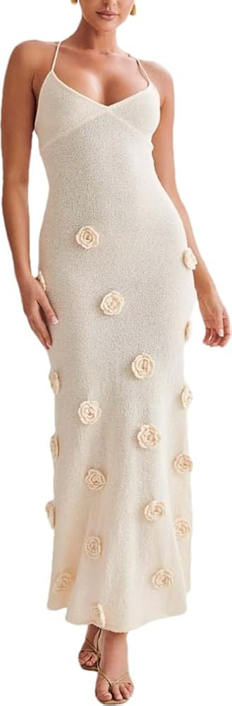 Women's Knit Maxi Dress Spaghetti Strap Floral Dress Bodycon Knitted Beach Long Dress Backless Sw... | Amazon (US)