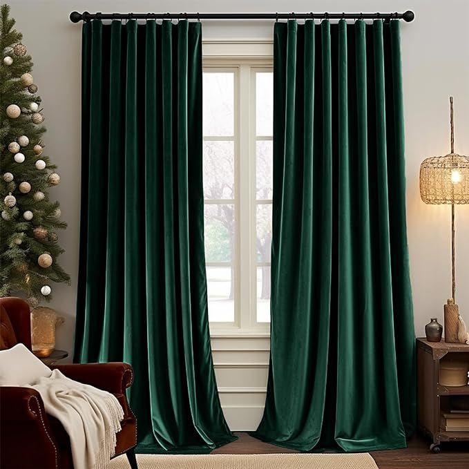 Lazzzy Velvet Blackout Curtains Emerald Green Thermal Insulated Curtains 96 Inches Long Drapes fo... | Amazon (US)
