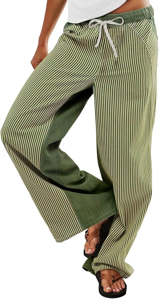 Low Rise Striped Pants for Women Pull On Drawstring Boho Wide Leg Jeans Trendy 2025 | Amazon (US)