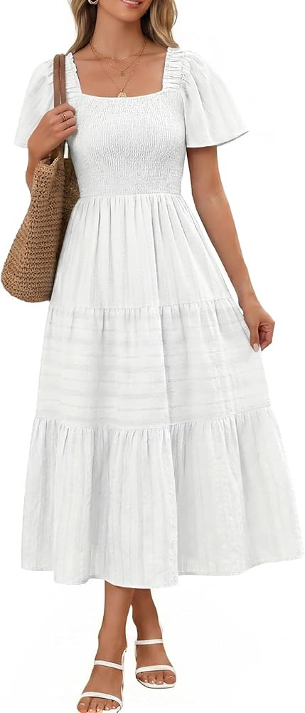 Bbonlinedress Women's Summer Midi Casual Dress 2026 Flowy Short Sleeve Square Neck Smocked Ruffle... | Amazon (US)