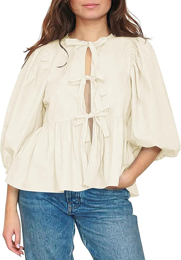 Cioatin Women Bow Tie Front Shirt Top Cute Puff Sleeve Y2K Peplum Ruffle Babydoll Blouse Lace Up ... | Amazon (US)