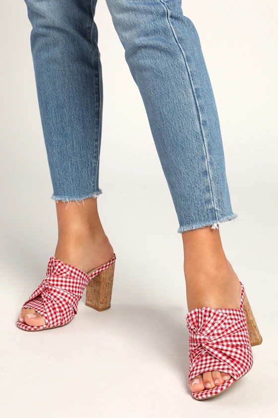 Alonisha Red and White Gingham Cork High Heel Mule Sandals | Lulus (US)